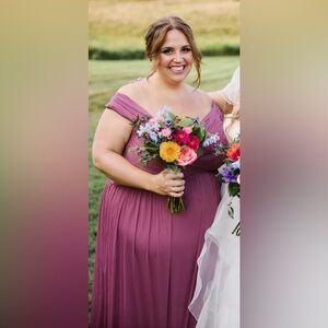 David’s Bridal crisscross off-the-shoulder mesh dress